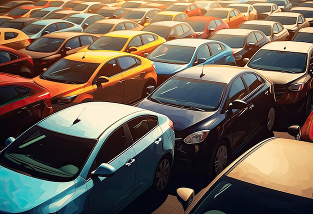 Tientallen auto's geparkeerd in een parkeerplaats.