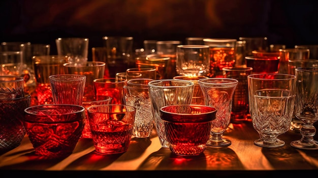 Tientallen glazen met alcohol op een tafel.