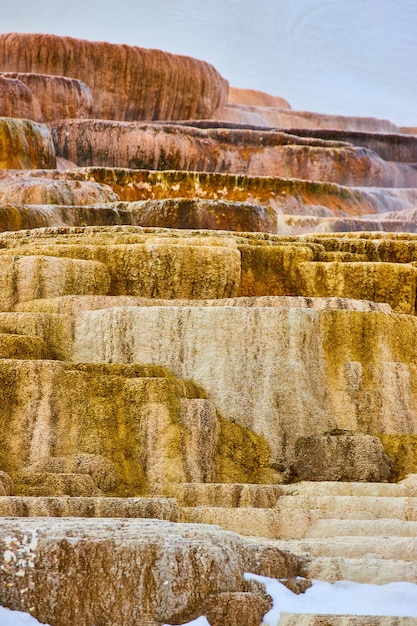 Tientallen kleurrijke terraslagen met sneeuwplekken bij Yellowstone in Hot Springs