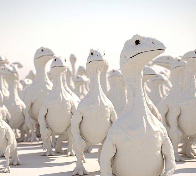 Foto tientallen witte dinosaurussen in verschillende poses in de stijl van emotioneel gebruik van licht en schaduw