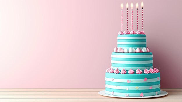 A tiered blue cake with pink decorations and lit candles on a pink background