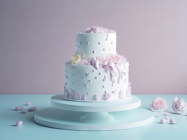 Photo tiered wedding cake on a round stand with beads and flowers ai generative