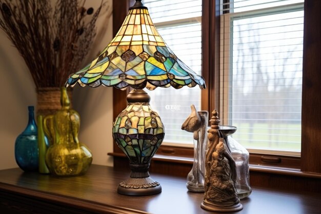 Tiffanystyle glas in lood lamp op vensterbank gemaakt met generatieve ai