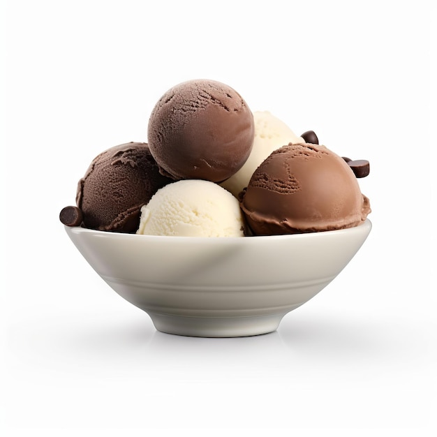 Photo tigela com trs bolas de sorvete com calda de chocolate em fundo branco isolated on white