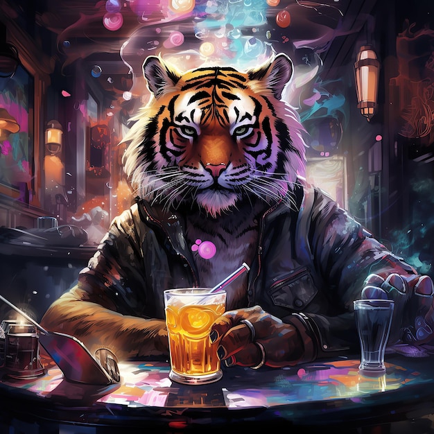 tiger anthropomorphic animal character enjoying a drink AI generative