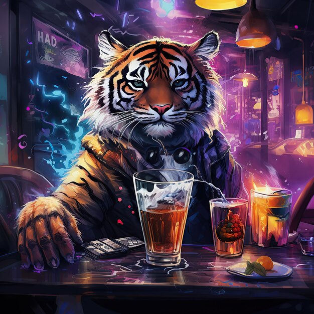 tiger anthropomorphic animal character enjoying a drink generative AI