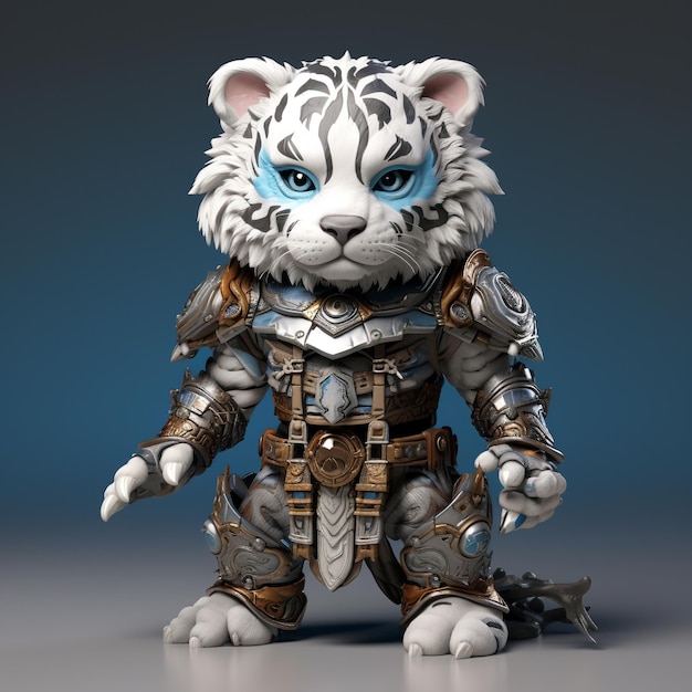 A tiger in a armor with a blue and white face