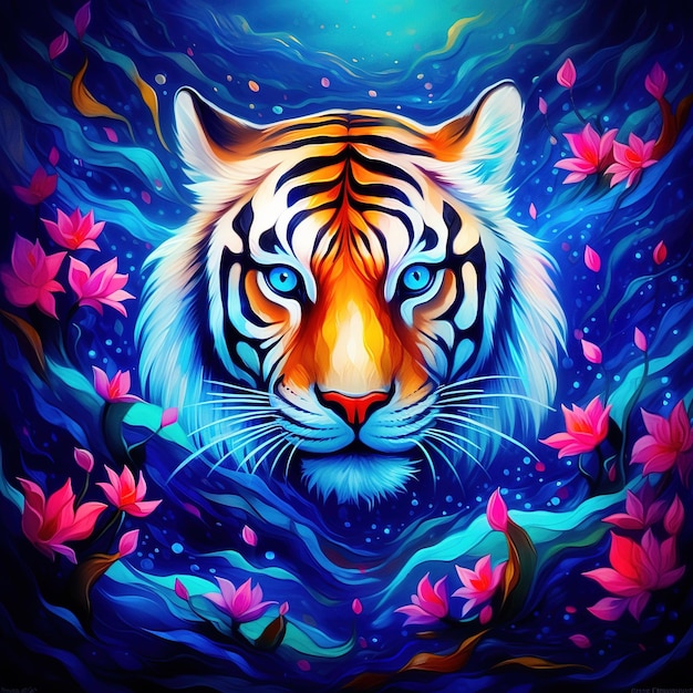 Tiger on the background of the night city and neon lights AI generative