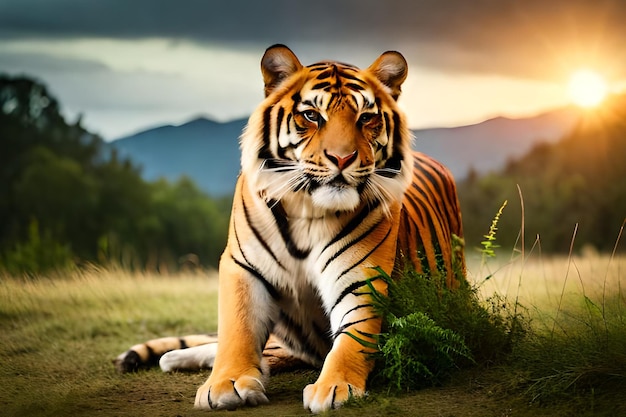 Tiger on a background of a sunset