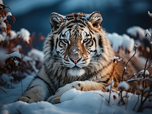 Tiger on the background of a winter landscape Generative AI