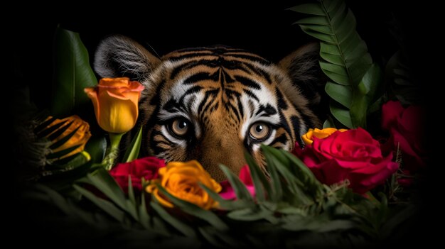 Photo a tiger in a bed of flowers