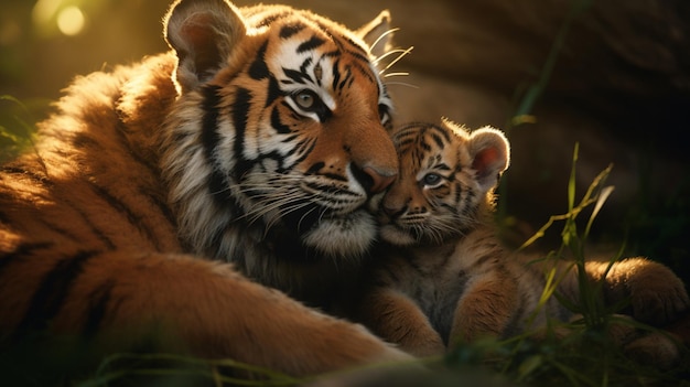 Tiger caressing its calf animal pin on smile image Ai generated art