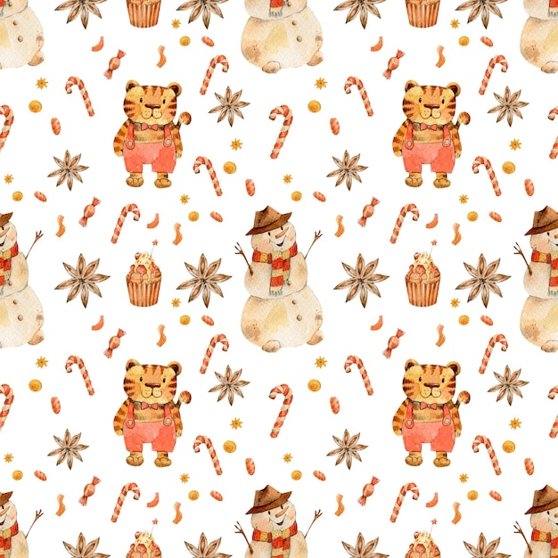 Tiger Christmas watercolor illustration snowman cupcake candy seamless pattern on white background