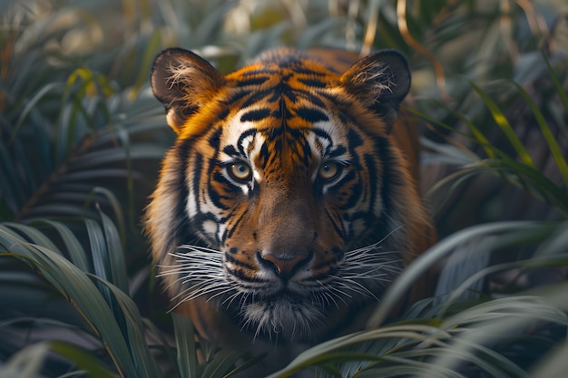 Тигр вблизи в травяном поле Генеративный ИИ