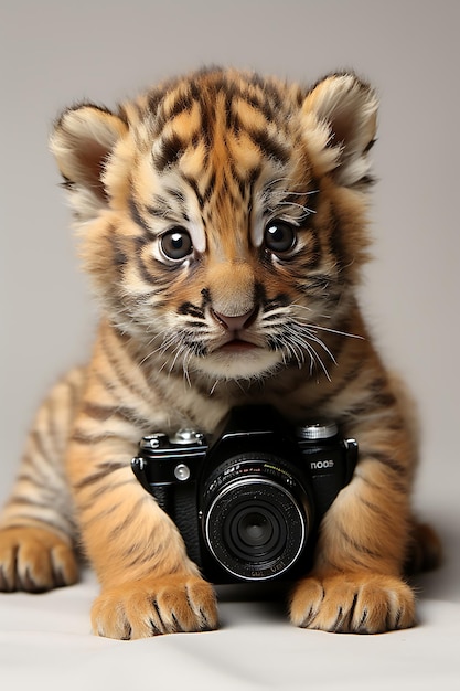 Foto il cucciolo di tigre sta catturando una foto con la sua macchina fotografica