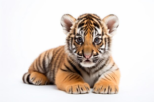 A tiger cub is laying down on a white surface