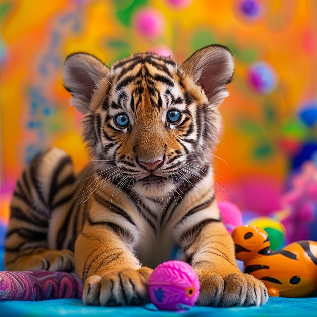 a tiger cub is laying next to a toy with a toy