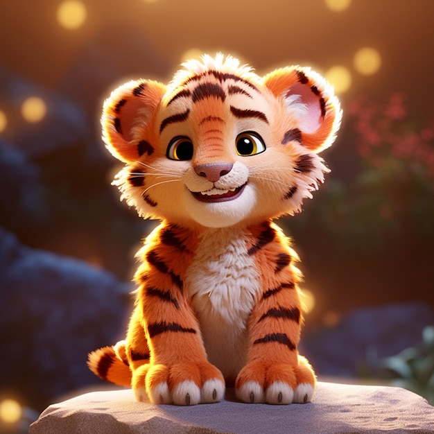 A tiger cub is sitting on a rock with a light in the background.