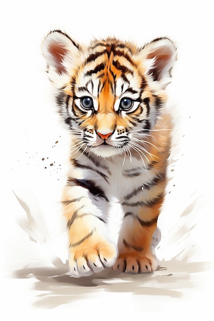 a tiger cub is standing on a white background.