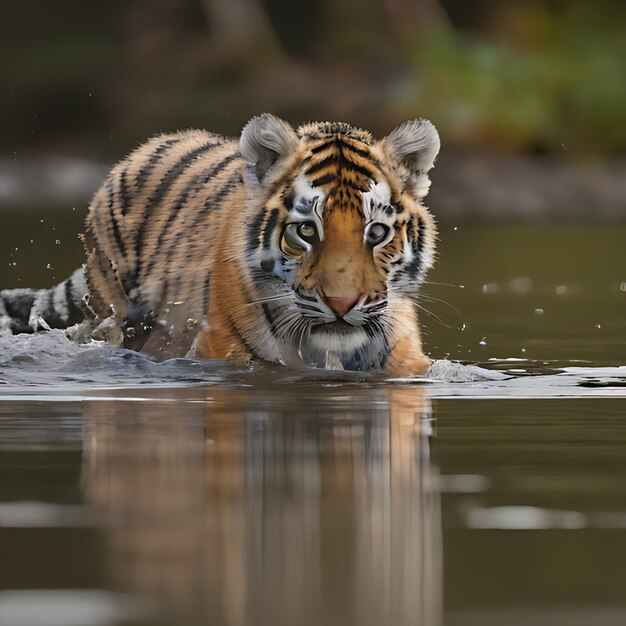 虎の子が水の中で泳いでいます