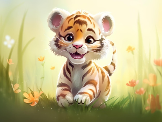 A tiger cub is walking in a field of flowers.