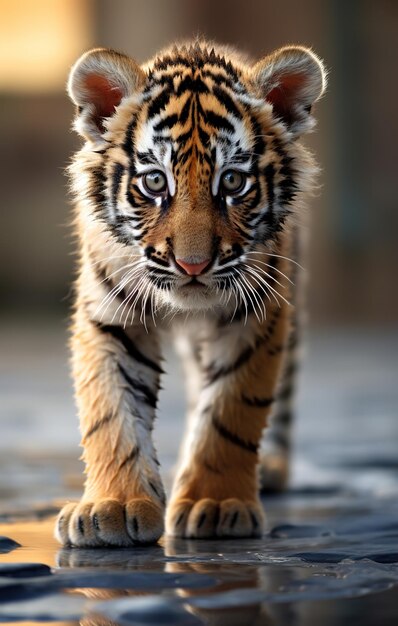 a tiger cub is walking on the ground