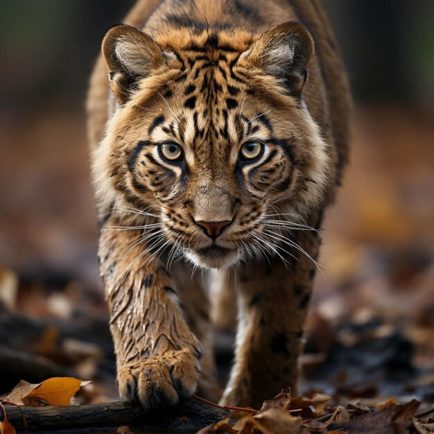 a tiger cub is walking through the leaves and is walking on the ground