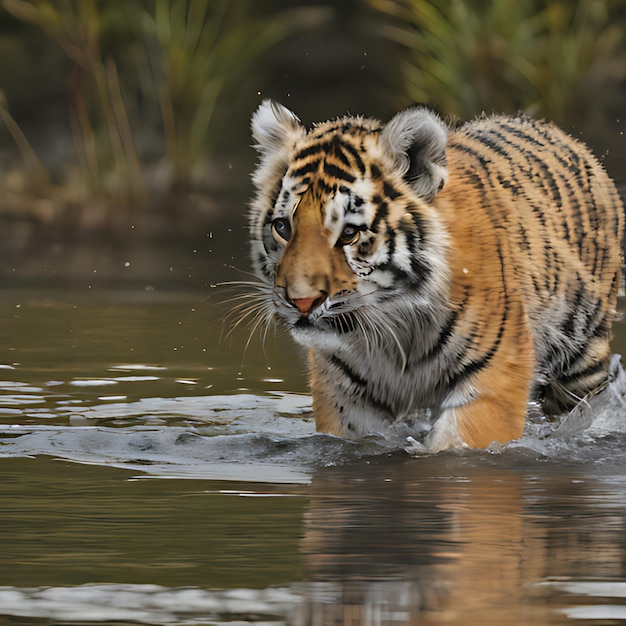 a tiger cub is walking in the water and is in the water