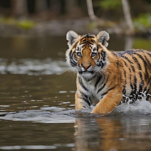 Тигровое детеныш в воде и бежит в воде