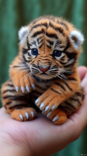 Photo tiger cub in a person's hand