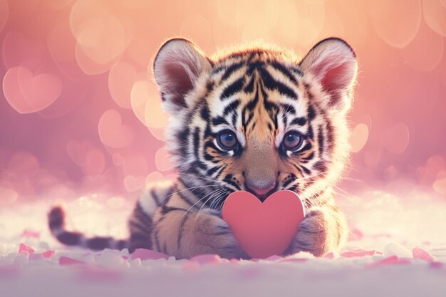 Тигровое детеныш представляет подарок в форме сердца на волшебном фоне Дня святого Валентина