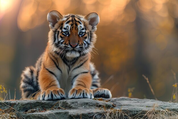 A tiger cub sitting on top of a rock