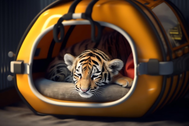 A tiger cub sleeping in a yellow cat carrier