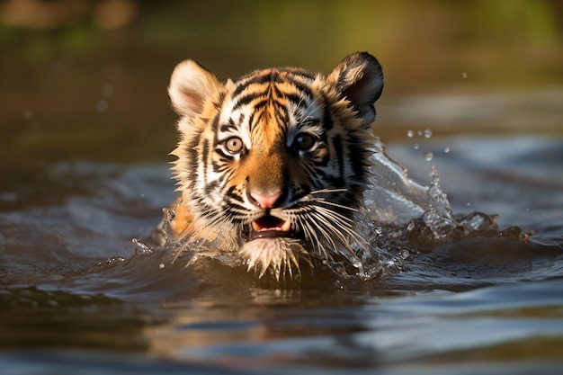 tiger cub swimming in the river