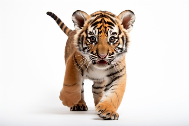 a tiger cub walking across a white surface