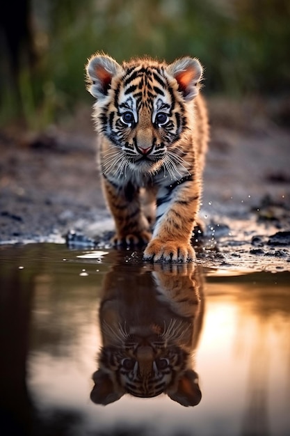 A tiger cub walking into a pond.