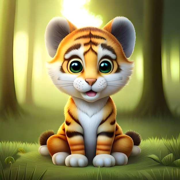 A tiger cub with big eyes sits in a forest.