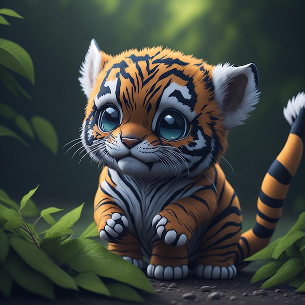 A tiger cub with blue eyes is sitting in the grass.
