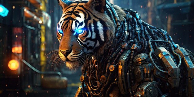 Photo tiger in cyberpunk world