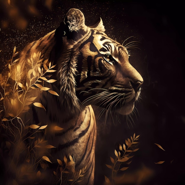 A tiger in the dark with leaves on the face