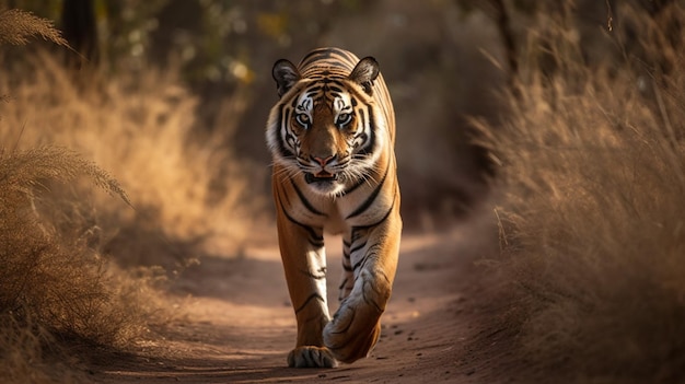 A tiger on a dirt road in india