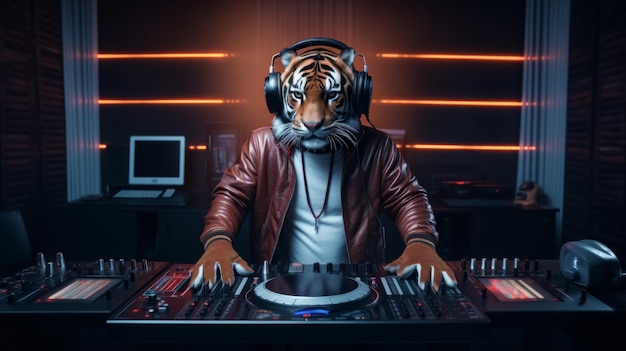 Tiger DJ playing in a night music club for a dancing audience