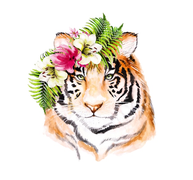 Tiger drawing, watercolor, animal head decorated with flowers\
and leaves