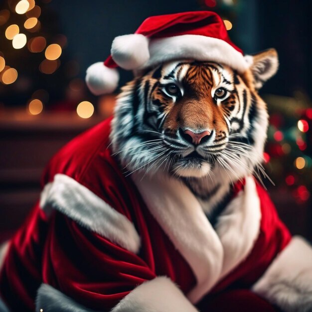 a tiger dressed as santa claus