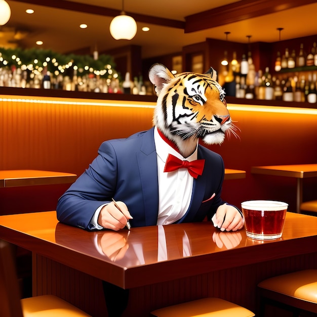 Tiger dressed in a festive holiday suit sitting at table in bar anthropomorphic animal generative ai