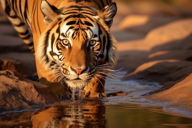 顔の反射で水池から水を飲んでいるトラ