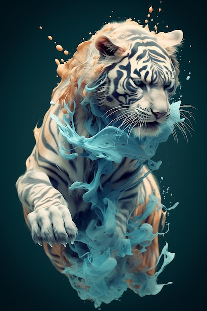 Tiger in dynamic movements Around the tiger blue ink to form mesmerizing shapes Generative ai