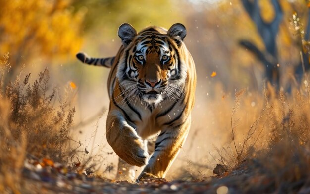 虎がサバンナを横断して喜びに満ちたスプリントをしている