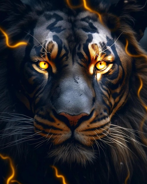 Tiger face with glowing eyes and glowing eyes on a dark background