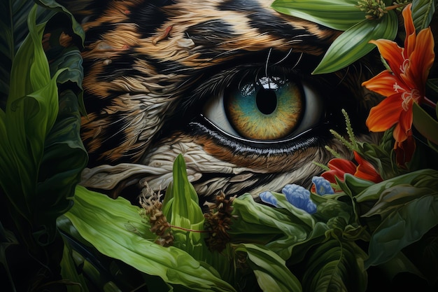 a tiger face with green eyes and flowers